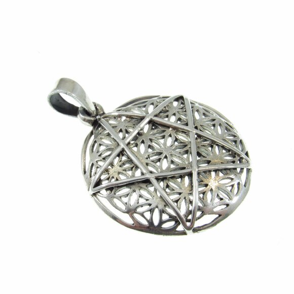 Handcrafted Solid 925 Sterling Silver Flower of Life Pentacle Pentagram Pendant - Picture 4 of 6